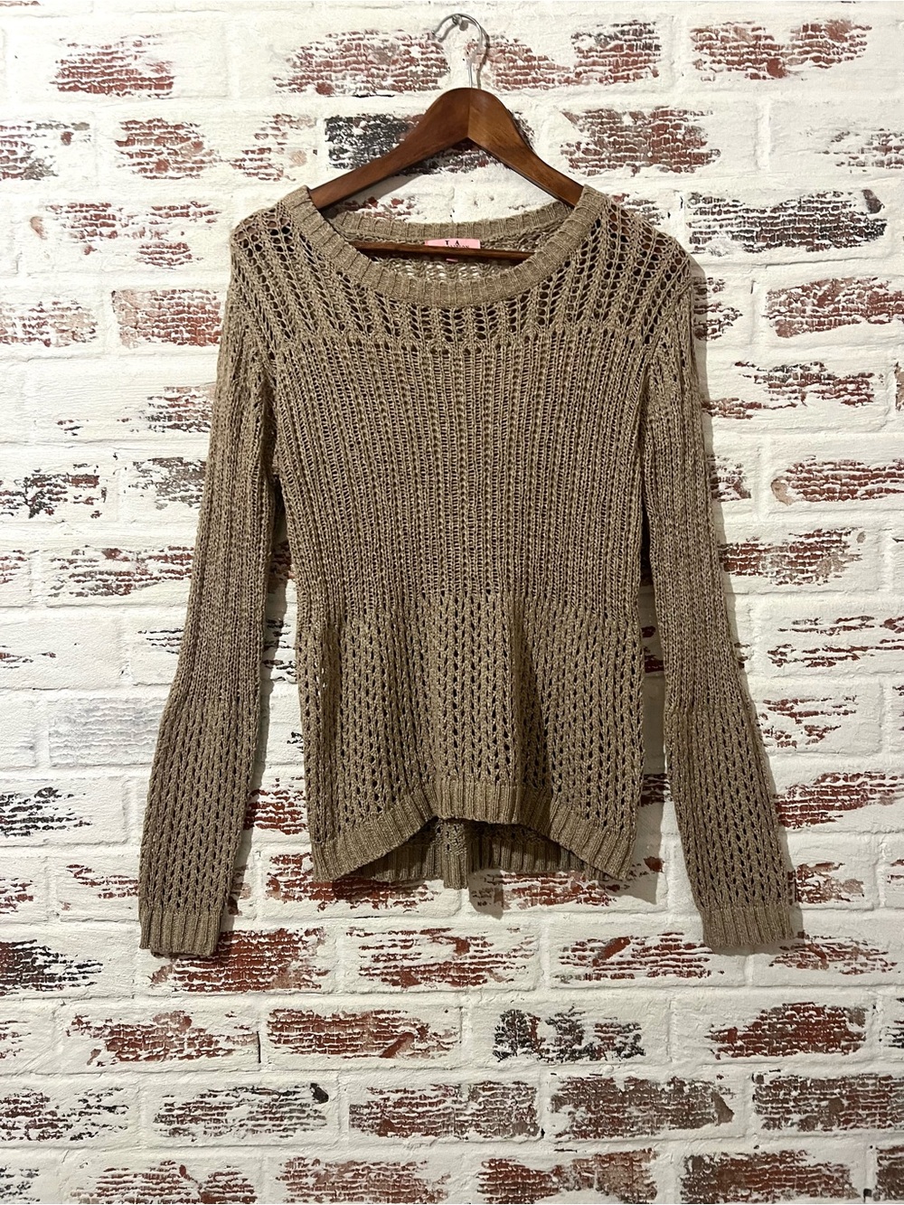 T.A. Coalition Tan Pullover Open Knit Sweater Boho Crochet Sz S